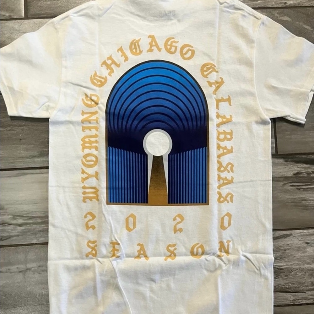 White Graphic T-Shirt with Blue and Gold Design
